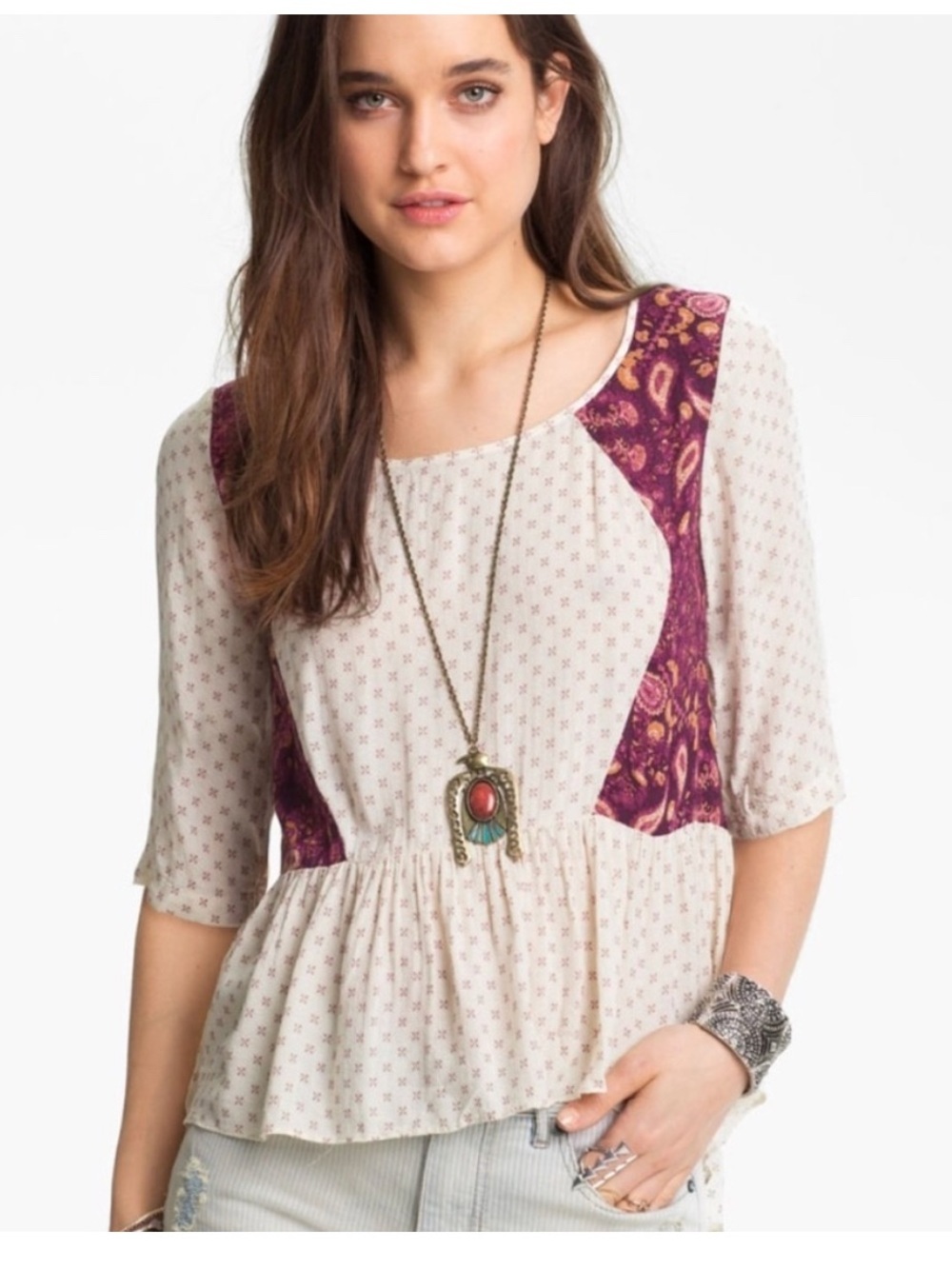 Free People Dandelion Print Peplum Hi-Lo Blouse